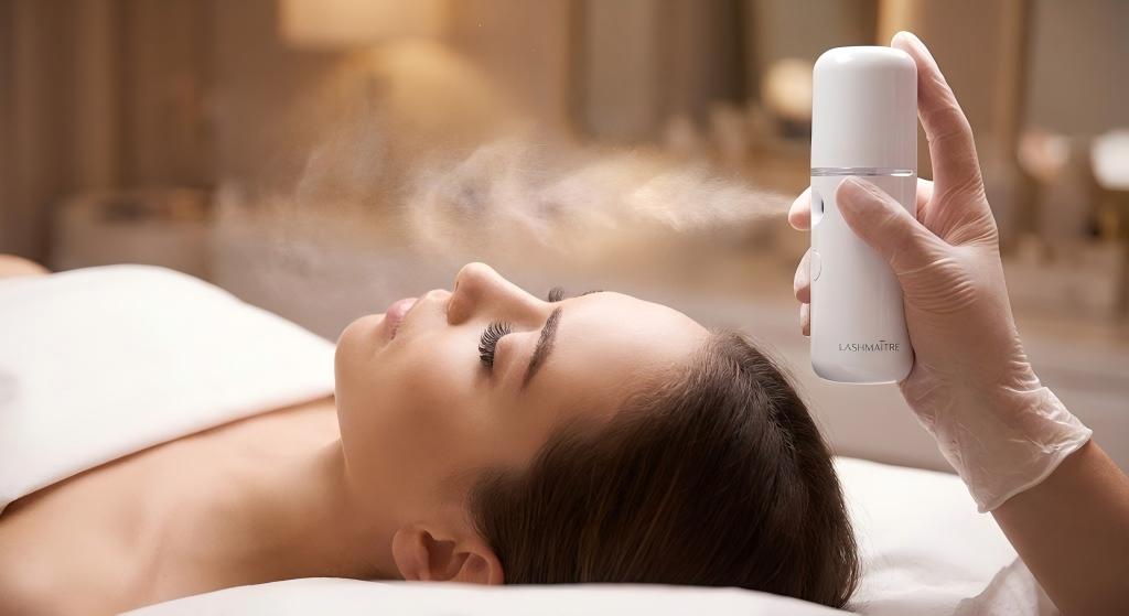 A lash technician using a LASHMAITRE Nano Mister to apply a fine, soothing mist to a client's eyelashes at the end of a service, helping to cure adhesive and reduce fume irritation that can mimic an allergic reaction to eyelash extensions.