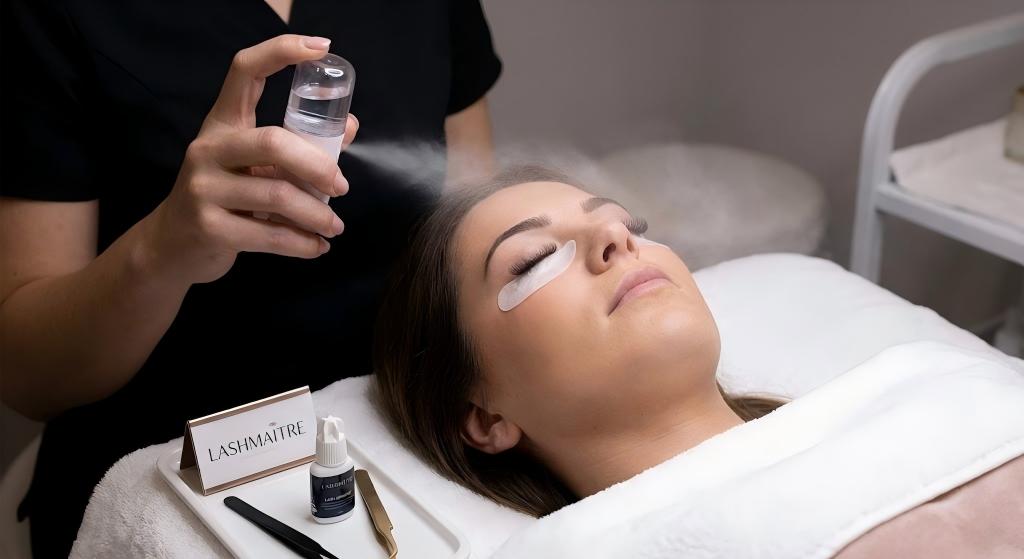 LASHMAITRE technician using a nano mister to cure adhesive fumes on a client's fresh set, demonstrating professional preventative remedies for itchy eyelash extensions caused by glue vapors.