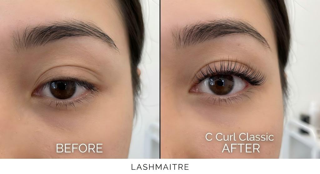 A before-and-after comparison by LASHMAITRE, showing a model's straight natural lashes transformed into one of our most popular natural lash extension styles, the C Curl Classic set, which provides a subtle yet eye-opening lift.