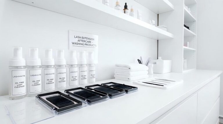 A clean professional salon station displaying LASHMAITRE oil-free foam cleanser bottles, alongside trays and tools, highlighting essential products for washing eyelash extensions and aftercare.