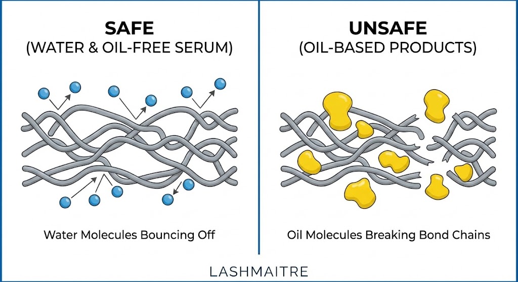 "Technical molecular diagram by LASHMAITRE illustrating how oil molecules break adhesive bonds compared to water, explaining the risks involved when asking 'can you put eyelash serum on lash extensions'."