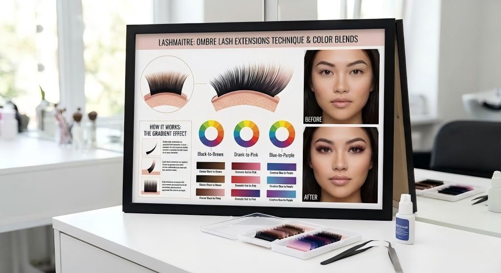 LASHMAITRE educational chart on a salon desk demonstrating the ombre lash extensions technique, color blends, and before-and-after results.