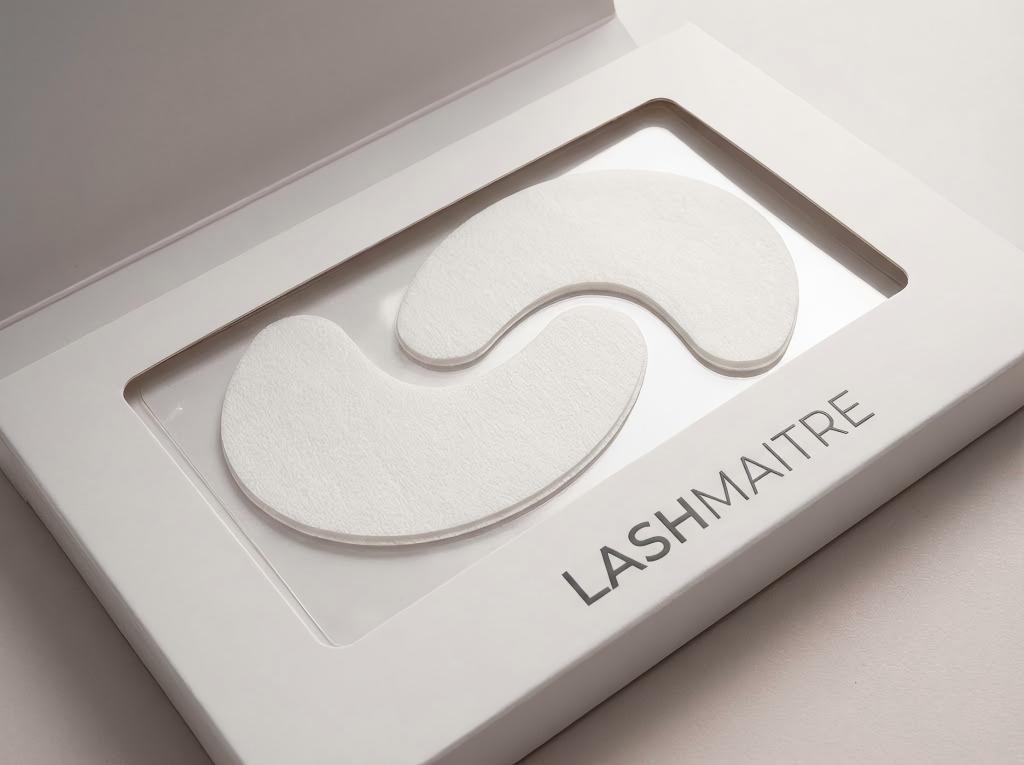 A close-up view of LASHMAITRE professional pre-cut under eye patches for eyelash extensions, presented in clean white private label-ready packaging.