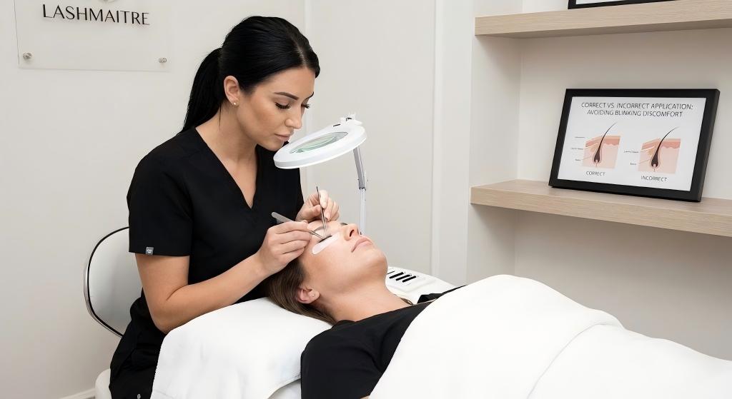 A professional LASHMAITRE technician applying extensions with precise isolation to prevent the common issue where eyelash extensions hurt when I blink.