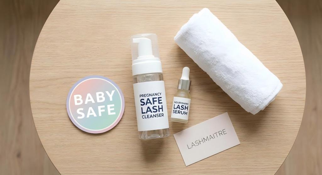 A flat-lay photo of the LASHMAITRE "Pregnancy Safe Lash Kit" containing a gentle cleanser and serum next to a "Baby Safe" badge, illustrating the high aftercare standards of our maternity lash service protocols.