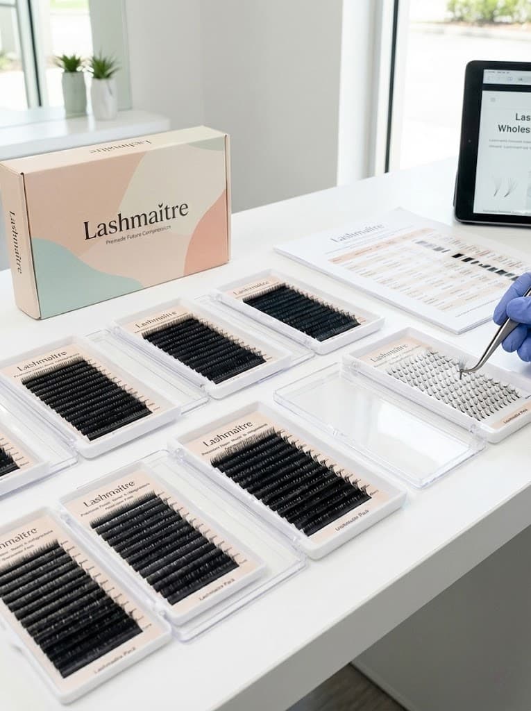 Lashmaitre premade fans wholesale basic configuration showing 3D–20D volume options, 0.03/0.05/0.07 thickness, and 8–15mm lengths