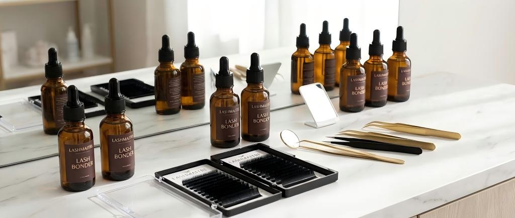 A premium display of LASHMAITRE lash bonder for eyelash extensions bottles arranged on a clean professional salon workstation alongside organized lash trays.