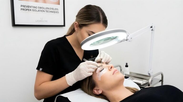 A LASHMAITRE technician performing eyelash application with proper isolation techniques to prevent a swollen eyelid from eyelash extensions, highlighted by the educational poster in the background.