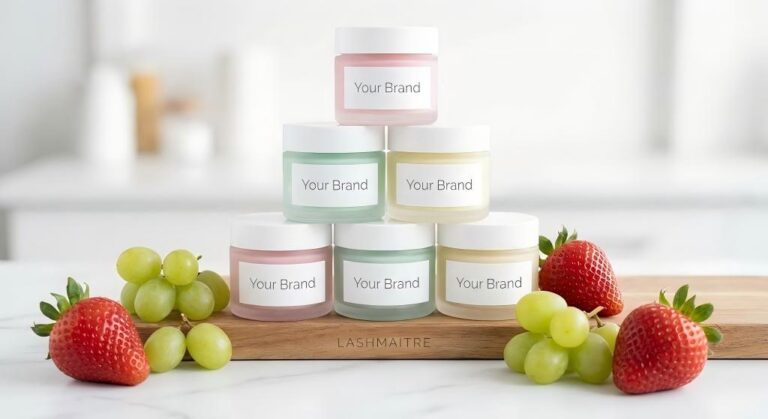 Elegant stack of pastel-colored jars containing cream remover for eyelash extensions, labeled "Your Brand" to showcase private label options by LASHMAITRE. Fresh strawberries and grapes surround the jars, implying fruity scents available for wholesale.