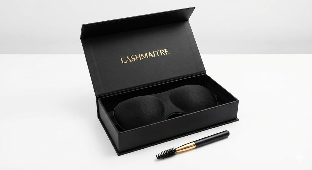 Wholesale private label example showing a luxury 3D eye sleep mask for eyelash extensions presented in custom black LASHMAITRE packaging with gold branding, ready for salon retail.