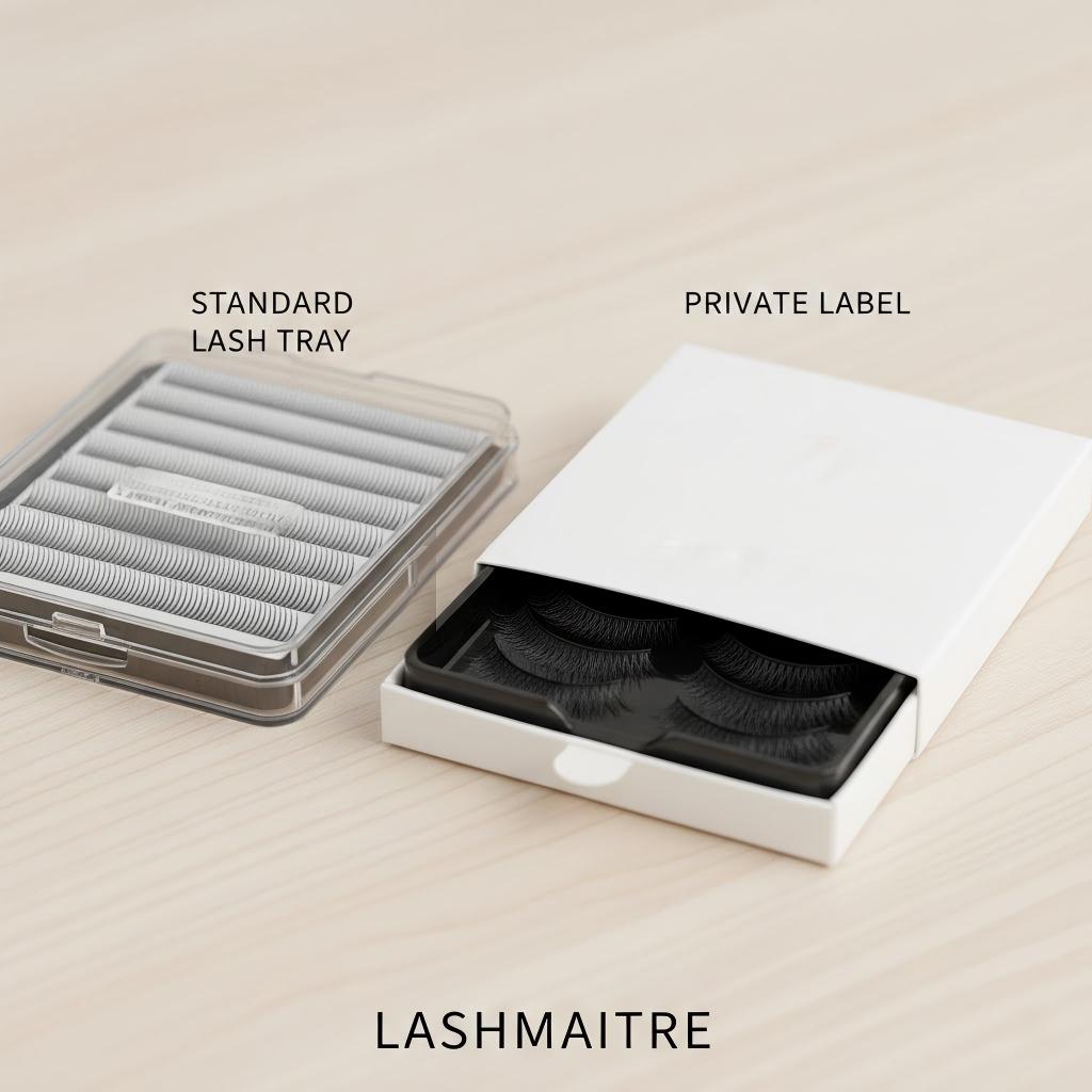 A comparison between a basic unbranded lash tray and a premium LASHMAITRE private label eyelash extensions box, used for professional branding and improving salon profit margin calculation.