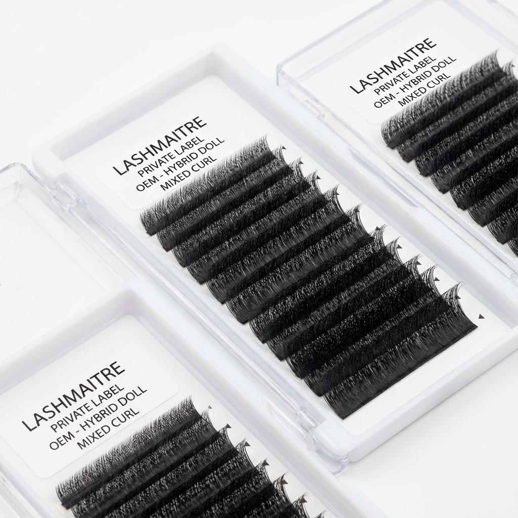 A close-up view of LASHMAITRE private label trays featuring mixed curl hybrid doll lashes wholesale options for OEM branding.