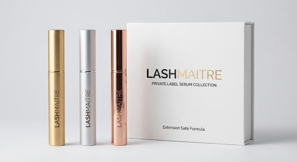 "Display of LASHMAITRE private label metallic serum tubes with custom packaging, offering a wholesale retail solution for salons to safely answer 'can you put eyelash serum on lash extensions'."