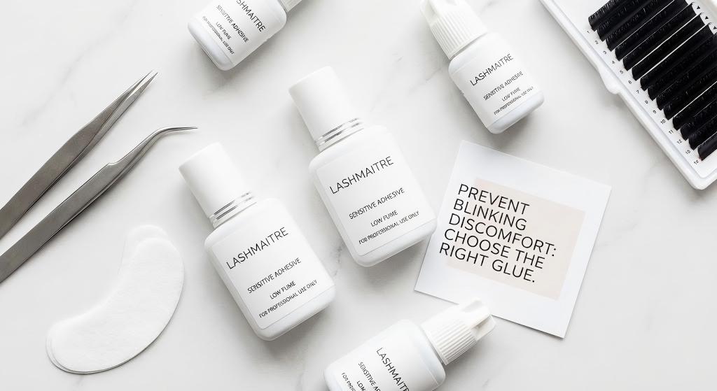 A flat lay display of professional LASHMAITRE lash extension adhesive bottles, highlighting the importance of high-quality glue in preventing the issue where eyelash extensions hurt when I blink.