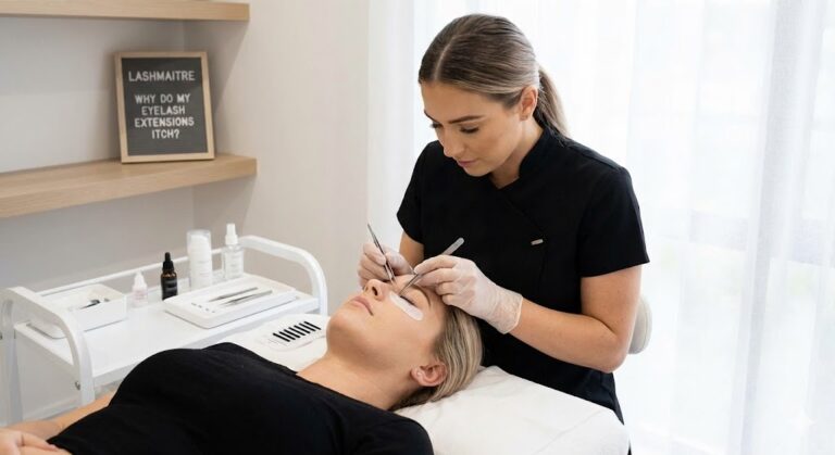 A professional LASHMAITRE technician performing precise eyelash extension application in a clean salon environment, with a sign in the background explicitly asking the common client question: "why do my eyelash extensions itch".