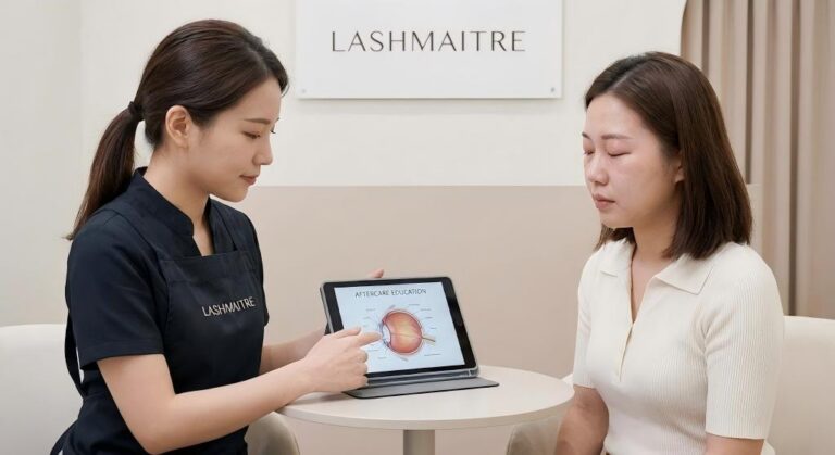 A professional LASHMAITRE technician providing a consultation to a client regarding swollen eyelids after eyelash extensions in a clean salon environment.