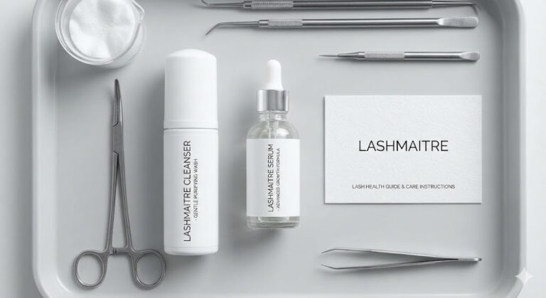 A professional flat-lay photograph of the LASHMAITRE Lash Health Kit, including the Gentle Purifying Wash cleanser, Advanced Growth Formula serum, and a Lash Health Guide card, arranged on a medical tray with instruments to help prevent traction alopecia from lashes.