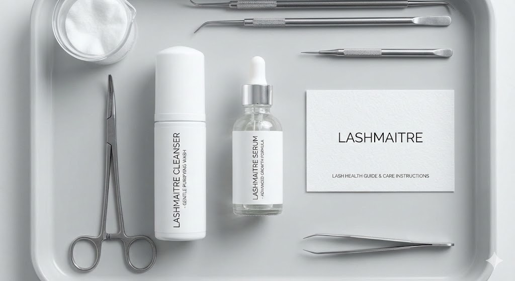A professional flat-lay photograph of the LASHMAITRE Lash Health Kit, including the Gentle Purifying Wash cleanser, Advanced Growth Formula serum, and a Lash Health Guide card, arranged on a medical tray with instruments to help prevent traction alopecia from lashes.