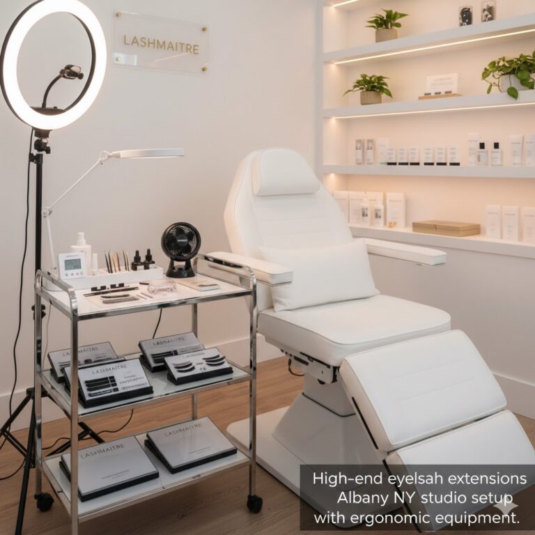 A luxury LASHMAITRE lash studio in Albany, NY, showcasing a professional workstation with an ergonomic white treatment bed, professional ring lighting, and organized lash supplies. This high-end environment is dedicated to providing the premier lash lift Albany NY experience.