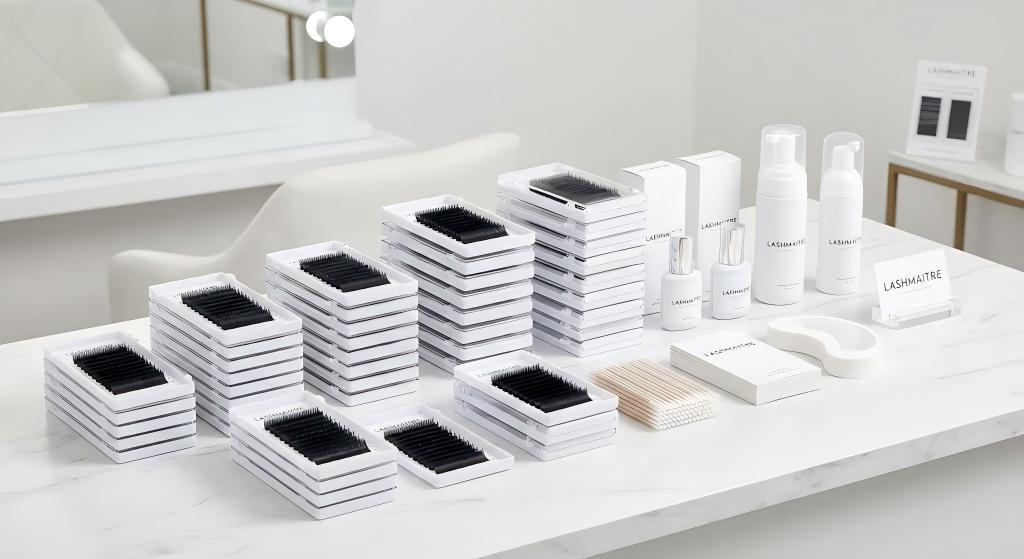 A premium display of LASHMAITRE professional salon products, including cleansers, primers, lash trays, and tools arranged on a marble counter, illustrating the essential items used when preparing for eyelash extensions.