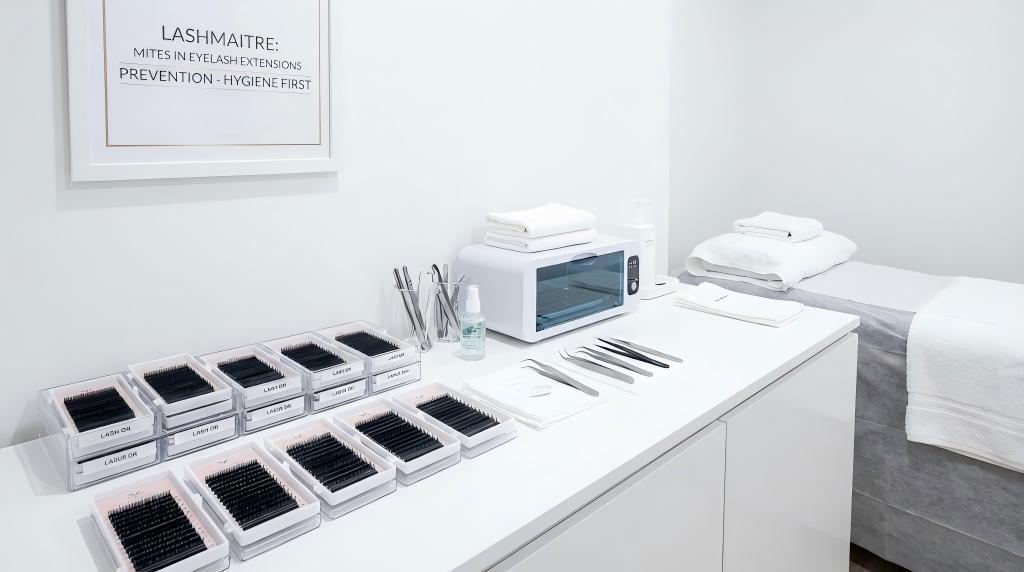 A pristine LASHMAITRE professional salon workstation featuring sanitized tools and organized lash trays, emphasizing strict hygiene practices to prevent mites in eyelash extensions.