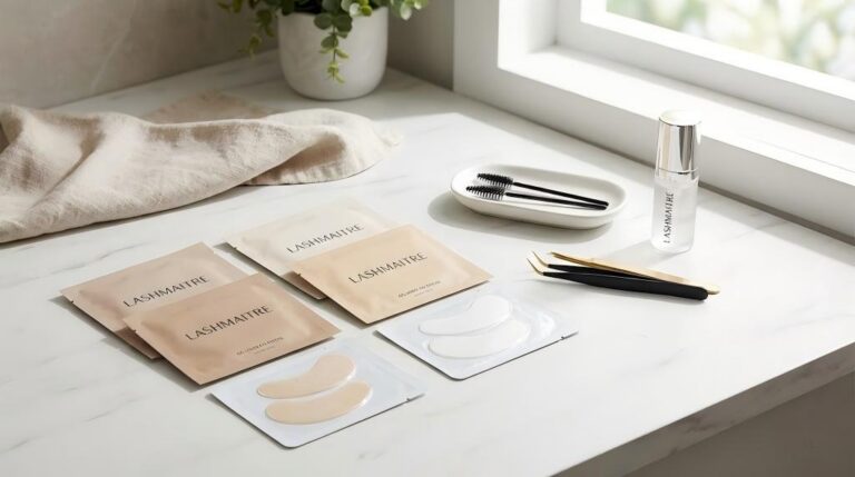 A clean, sunlit salon workstation displaying LASHMAITRE professional under eye patches for eyelash extensions in various neutral-toned packages, alongside gold and black tweezers and a bottle of primer.