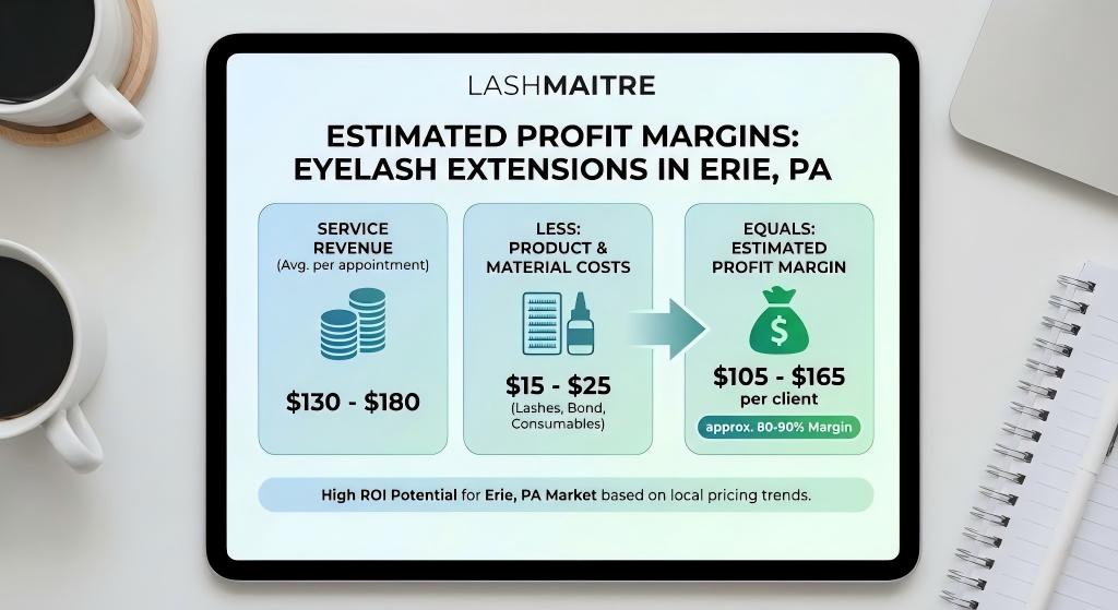 LASHMAITRE financial infographic chart illustrating the high profit margins for eyelash extensions erie pa, comparing low material costs against high service revenue.