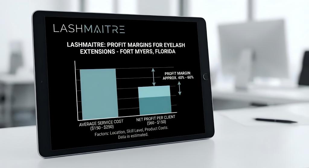 LASHMAITRE business chart displayed on a tablet, illustrating the profit margins derived from average fort myers lash salon pricing, showing service costs versus net profit per client.