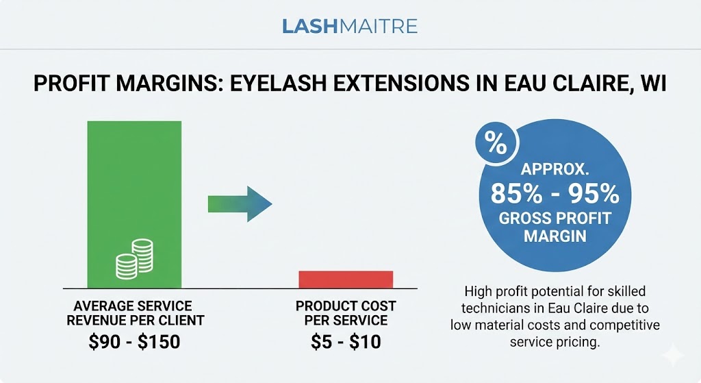 LASHMAITRE financial infographic used for establishing a lash salon pricing guide, illustrating the high gross profit margins (85-95%) of eyelash extensions in Eau Claire, WI by comparing average service revenue against low product costs.