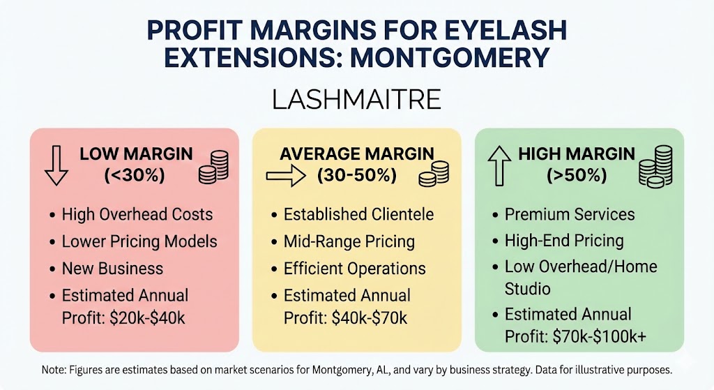 LASHMAITRE infographic chart illustrating profit margins for eyelash extensions, correlating business models with specific montgomery lash salon pricing strategies to show low, average, and high earning potential.