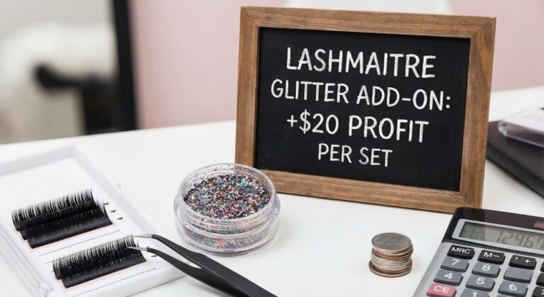 LASHMAITRE marketing setup featuring a calculator and profit sign, illustrating the financial benefits of offering eyelash extensions glitter add-ons in a salon.