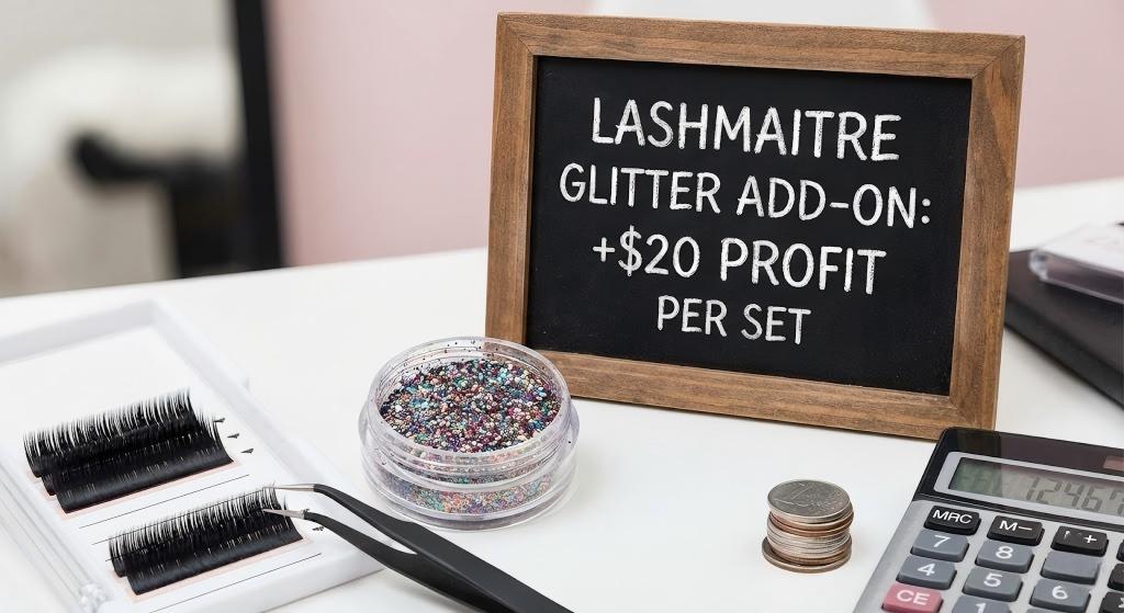 LASHMAITRE marketing setup featuring a calculator and profit sign, illustrating the financial benefits of offering eyelash extensions glitter add-ons in a salon.