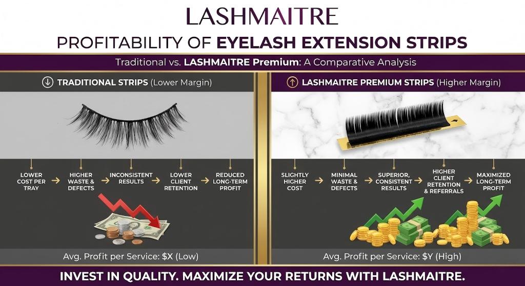 LASHMAITRE infographic illustrating the profitability comparison between generic products, often used for pre-made volume fans vs easy fanning, versus premium strips, showing how higher quality leads to maximized long-term financial returns for salons.