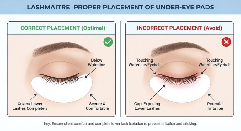 LASHMAITRE technical diagram comparing correct versus incorrect placement of eyelash extension under eye pads, highlighting the safety gap below the waterline to prevent chemical burns and irritation.