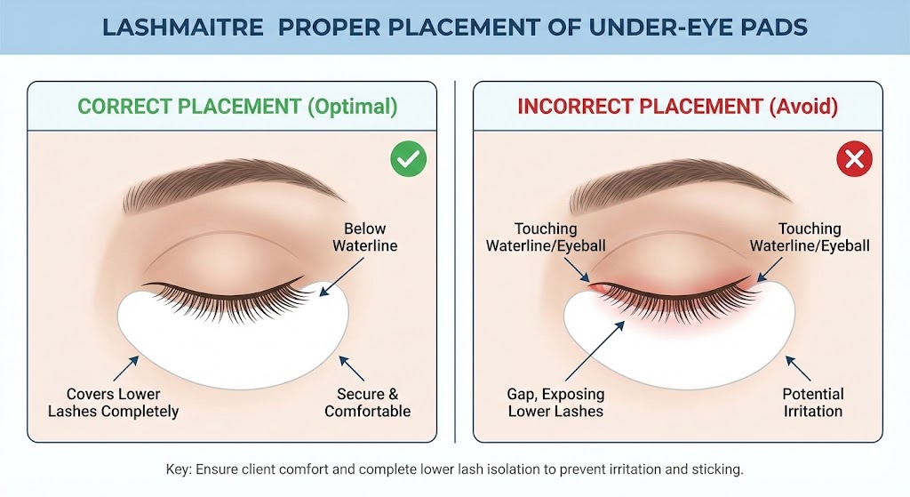 LASHMAITRE technical diagram comparing correct versus incorrect placement of eyelash extension under eye pads, highlighting the safety gap below the waterline to prevent chemical burns and irritation.