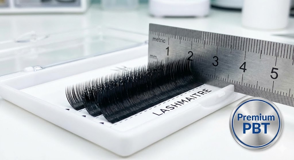 Macro shot showing a quality control check using a metal ruler to verify the uniform height and angle consistency across strips of different curls of eyelash extensions in a LASHMAITRE tray.