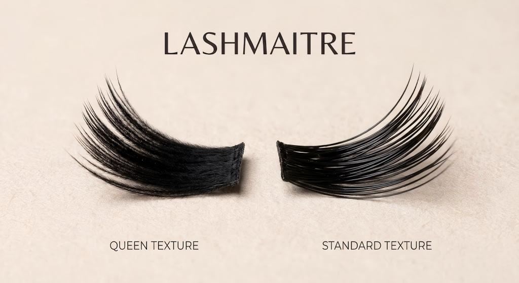 Macro close-up photograph showing the difference between LASHMAITRE Queen Texture matte finish volume lashes and a standard glossy texture lash strip.