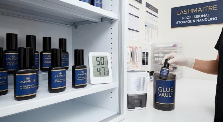 A professional storage setup for LASHMAITRE Royal Eyelash Extension Glue in a salon backroom, featuring digital hygrometers and airtight containers to ensure optimal humidity control and glue freshness.
