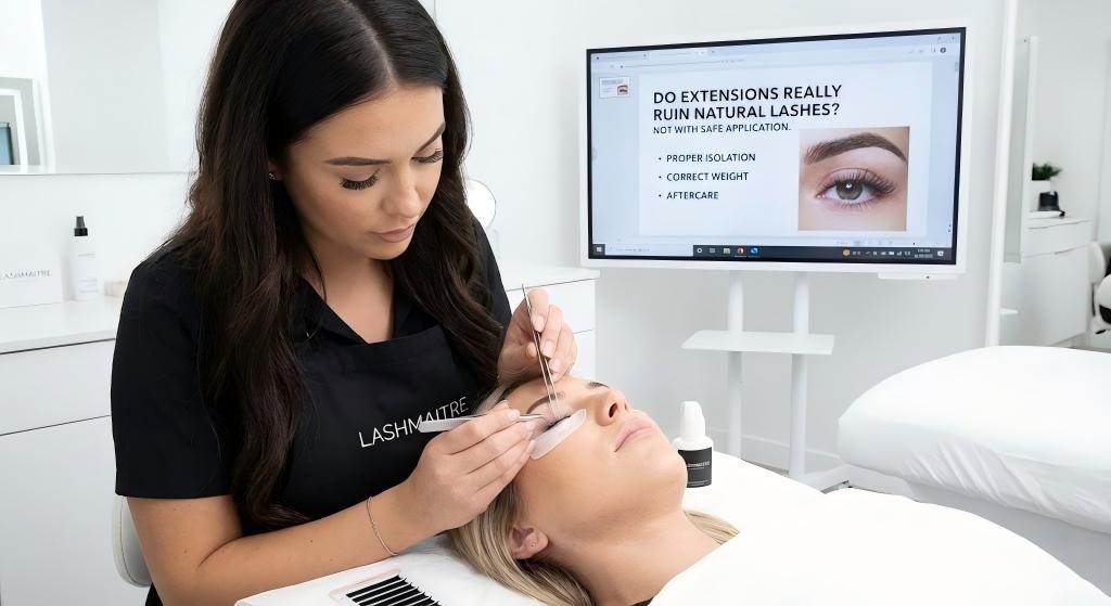 A LASHMAITRE technician demonstrating safe application techinques with precise isolation, while a presentation screen in the background explicitly asks and answers the question: "do extensions really ruin natural lashes?".