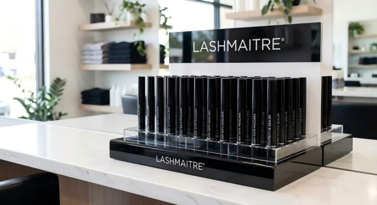 "LASHMAITRE retail display featuring 'Lash Safe Mascara' and 'Protective Sealer', offering a specialized product solution for clients asking can you put mascara on eyelash extensions."