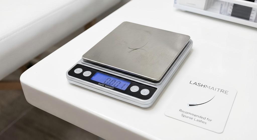 Close-up of a LASHMAITRE safe weight scale and recommendation card, demonstrating the method for choosing the best lashes for weak lashes to ensure client safety.