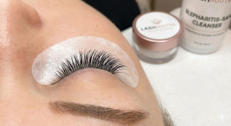 A close-up view of LASHMAITRE eyelash extensions applied to a client's eye, alongside a bottle of LASHMAITRE Blepharitis-Safe Cleanser, demonstrating how to safely manage blepharitis with eyelash extensions.