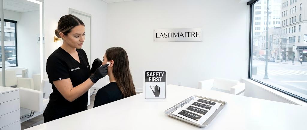 A LASHMAITRE technician performing a safety patch test on a client to screen for potential eyelash extension allergies in professional salons.