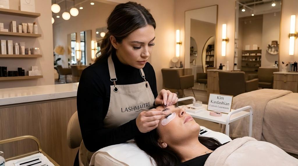 A professional lash artist in a US salon applying LASHMAITRE lashes to create the signature wispy spikes of Kim Kardashian Eyelash Extensions.
