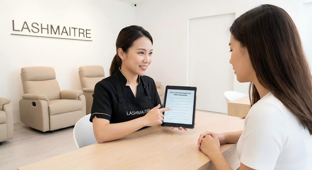 A professional LASHMAITRE artist guiding a client through a checklist on how to prepare for eyelash extensions during a salon consultation.