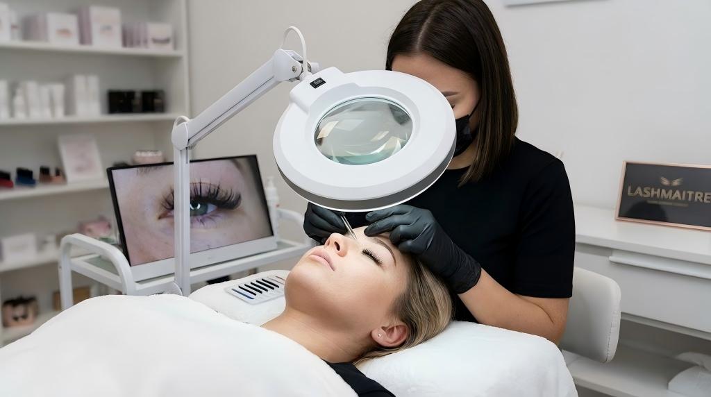 A LASHMAITRE technician using a professional magnifying lamp to carefully inspect a client's lashes for signs of bad eyelash extensions, such as clumping or poor application.