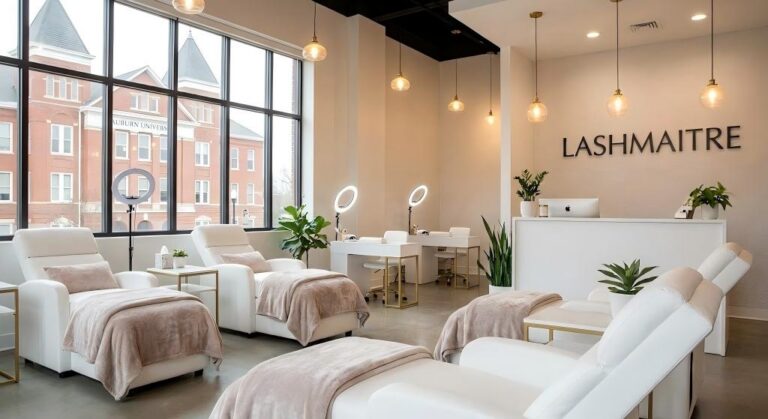 Modern interior of LASHMAITRE salon, located next to campus with a view of a university building, where students can redeem their exclusive auburn university student discount lashes.