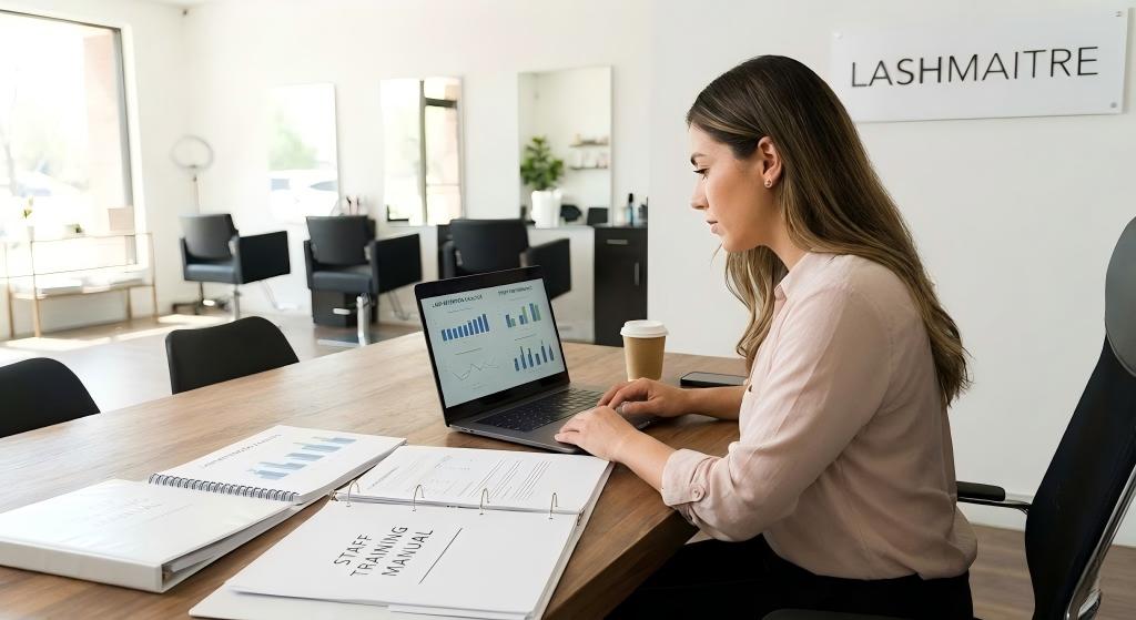 A LASHMAITRE salon owner reviews a "Staff Training Manual" and performance graphs, focusing on improving client education protocols, including instructions on how to prepare for eyelash extensions.