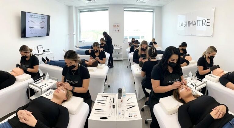 A wide-angle view of a LASHMAITRE academy class where multiple students learn eyelash extensions for salon professionals in the US, practicing on live models and mannequins in a modern classroom.