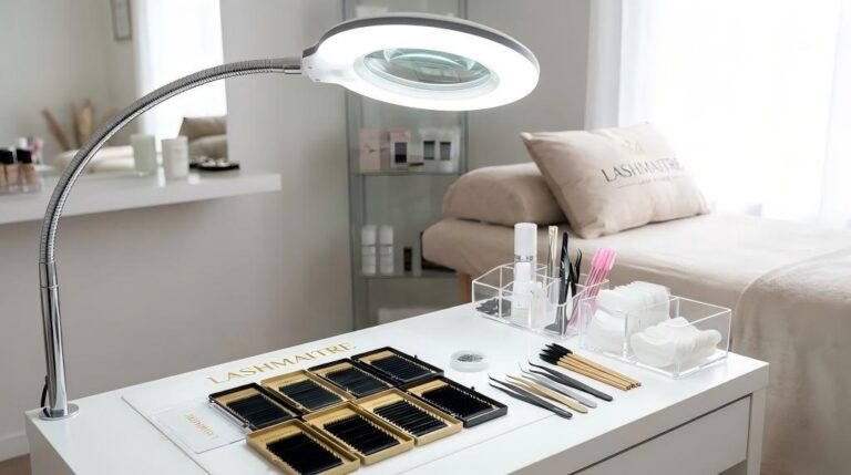 A professional LASHMAITRE salon workstation equipped with high-quality lighting and one of the best magnifiers for eyelash extensions, ensuring precise application and organized tools.